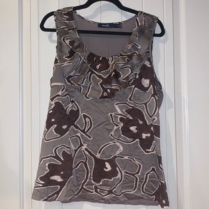 Grey, black, purple tank top with ruffles at neck.